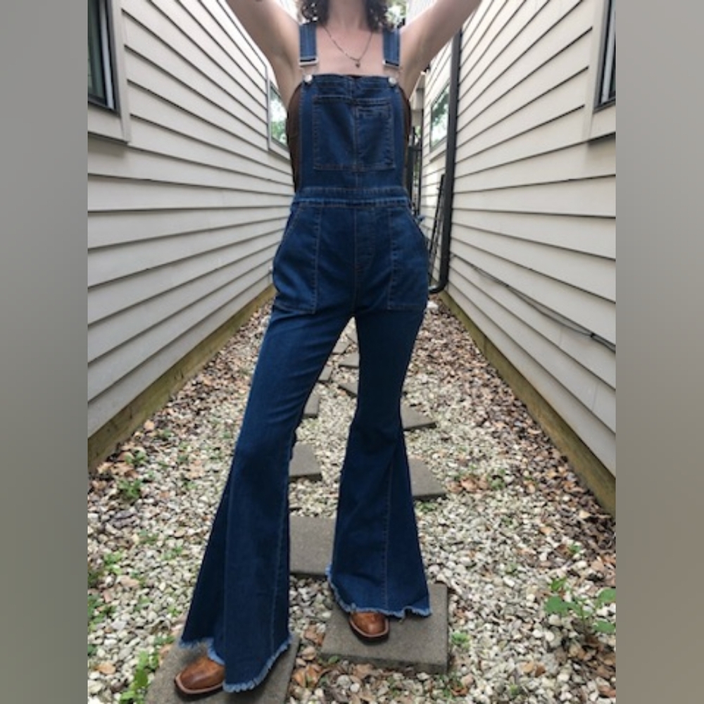 010 Boho Denim Vintage Style Flared Bell Bottom Wide Leg Overalls NWT